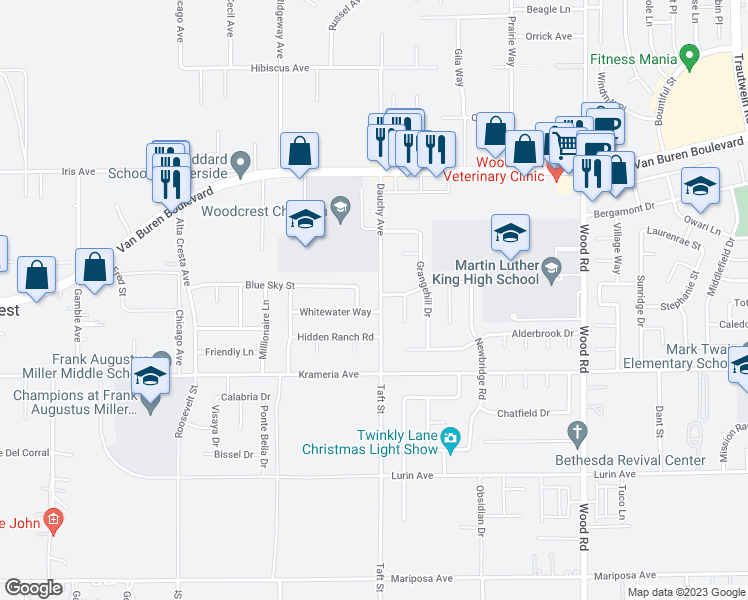 map of restaurants, bars, coffee shops, grocery stores, and more near 9253 Dauchy Avenue in Riverside