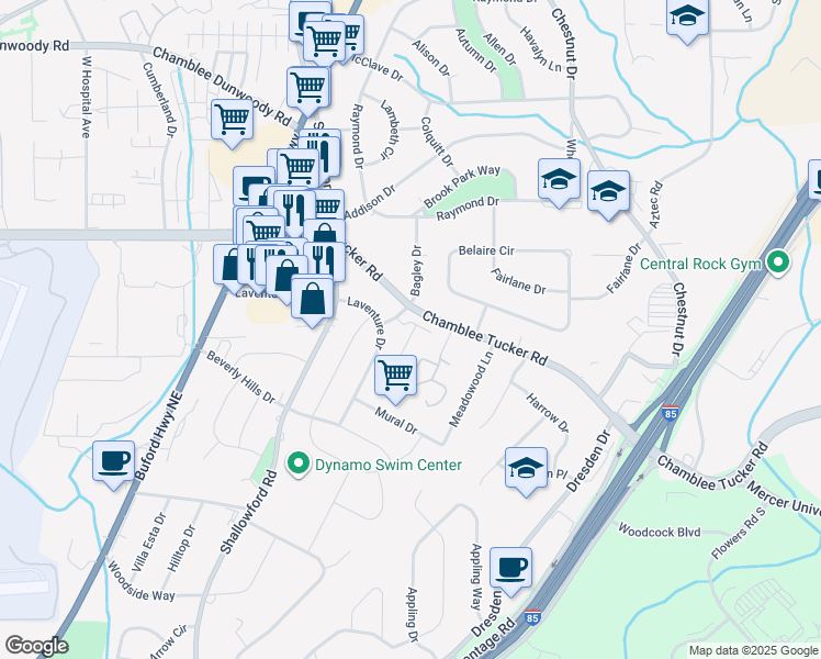 map of restaurants, bars, coffee shops, grocery stores, and more near 2657 Meadow Court in Chamblee