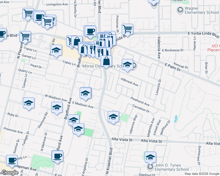 map of restaurants, bars, coffee shops, grocery stores, and more near 1121 North Ventana Lane in Placentia