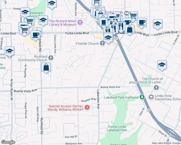 map of restaurants, bars, coffee shops, grocery stores, and more near 18125 Hutchings Drive in Yorba Linda