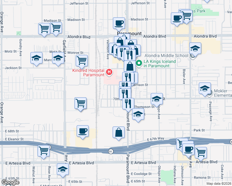 map of restaurants, bars, coffee shops, grocery stores, and more near 16630 Lake Avenue in Paramount