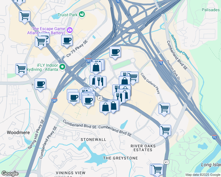 map of restaurants, bars, coffee shops, grocery stores, and more near 800 Galleria Parkway Southeast in Atlanta