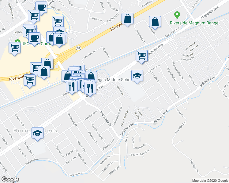 map of restaurants, bars, coffee shops, grocery stores, and more near 3732 Calle Monada in Riverside