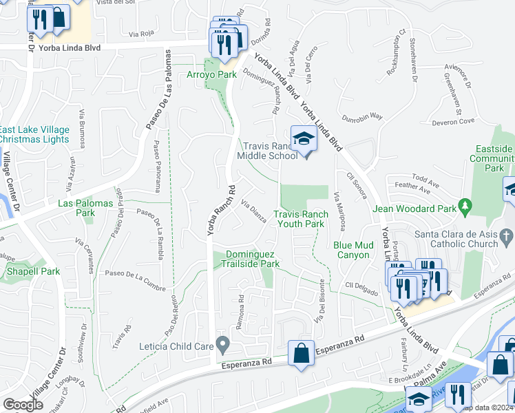 map of restaurants, bars, coffee shops, grocery stores, and more near 5500 Vía Dianza in Yorba Linda