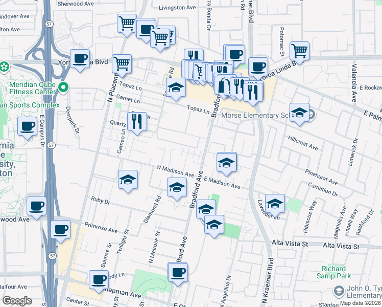 map of restaurants, bars, coffee shops, grocery stores, and more near 1019 Bradford Avenue in Placentia