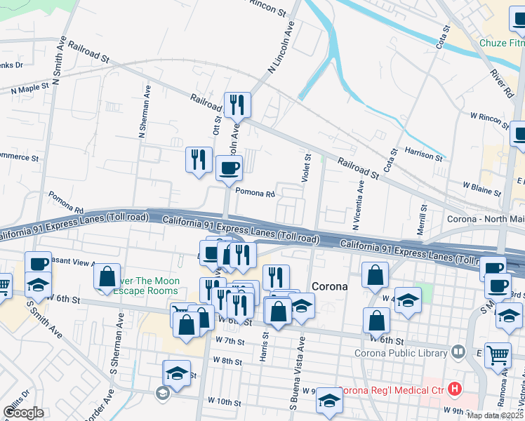 map of restaurants, bars, coffee shops, grocery stores, and more near 1080 Pomona Road in Corona