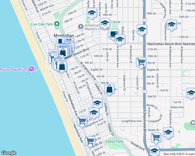 map of restaurants, bars, coffee shops, grocery stores, and more near 624 6th Street in Manhattan Beach
