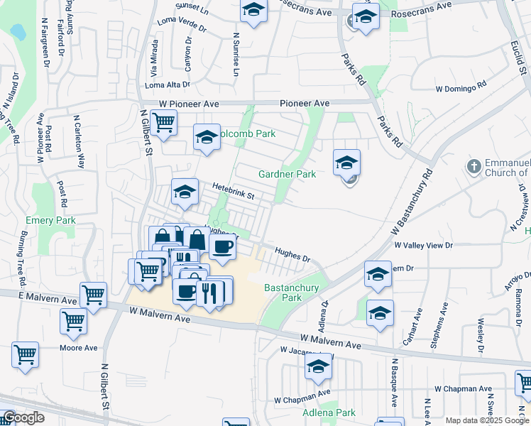 map of restaurants, bars, coffee shops, grocery stores, and more near 1277 Nicolas Street in Fullerton