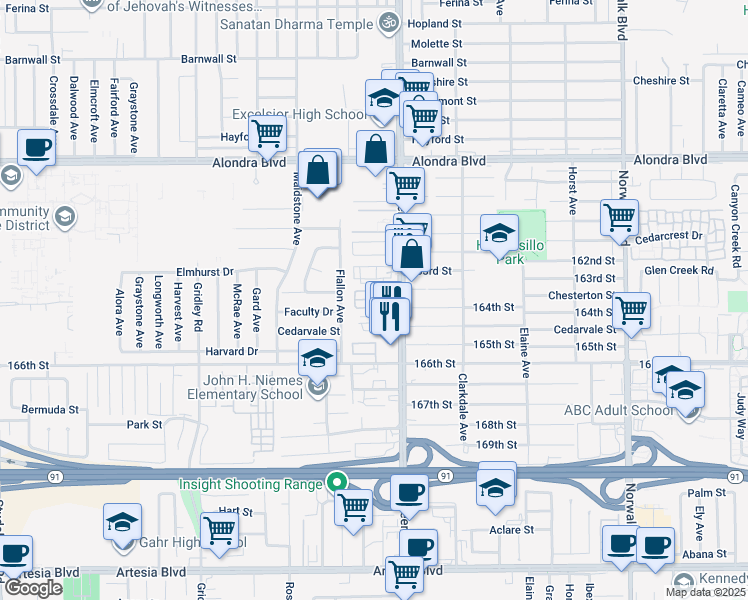 map of restaurants, bars, coffee shops, grocery stores, and more near 16341 Pioneer Boulevard in Norwalk