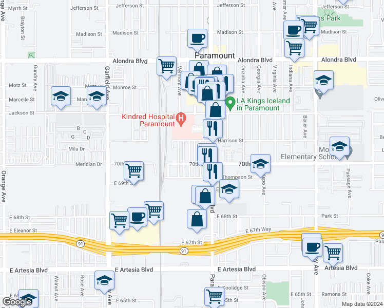 map of restaurants, bars, coffee shops, grocery stores, and more near 16630 Lake Avenue in Paramount