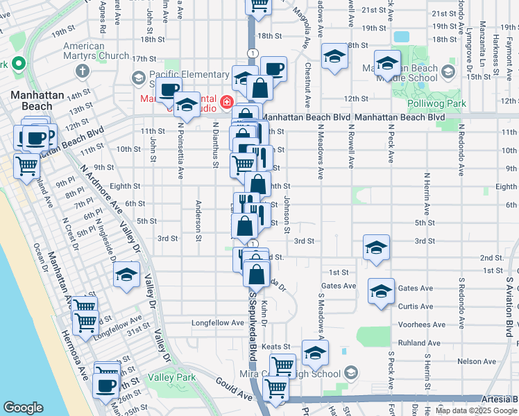 map of restaurants, bars, coffee shops, grocery stores, and more near 1127 5th Street in Manhattan Beach