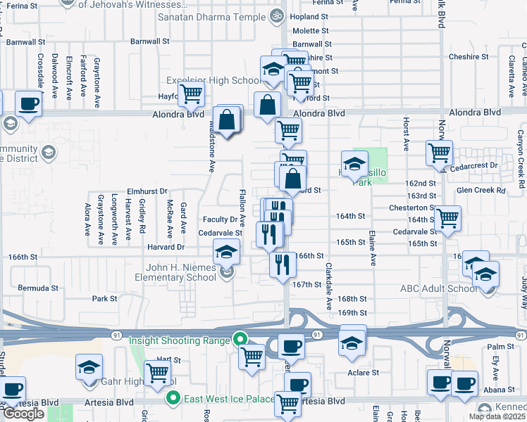 map of restaurants, bars, coffee shops, grocery stores, and more near 16341 Pioneer Boulevard in Norwalk