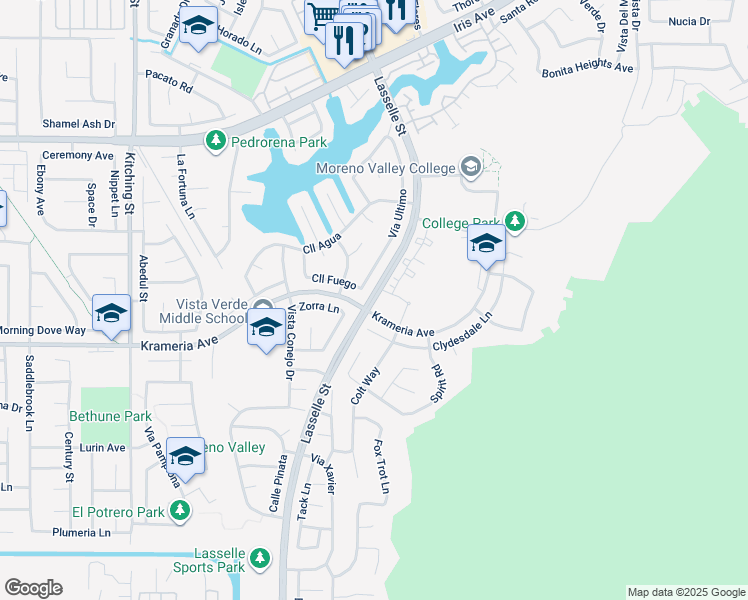 map of restaurants, bars, coffee shops, grocery stores, and more near 15637 Lasselle Street in Moreno Valley