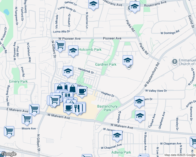 map of restaurants, bars, coffee shops, grocery stores, and more near 1277 Nicolas Street in Fullerton