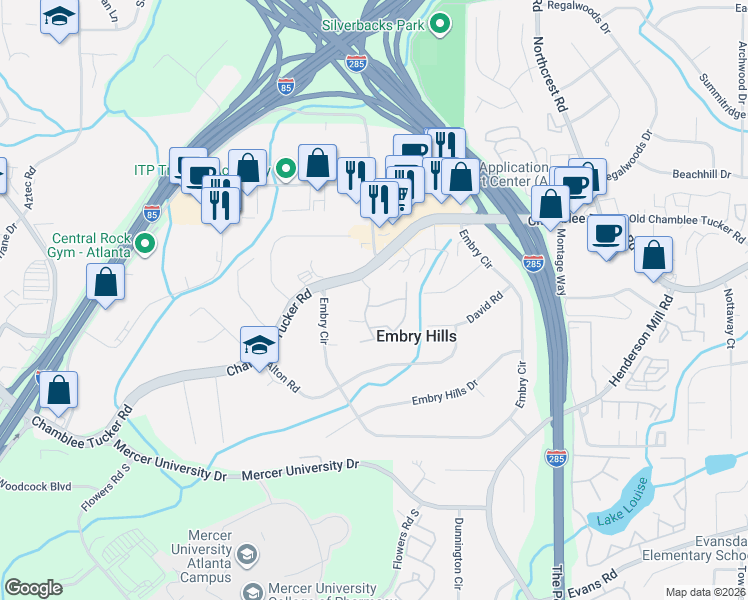 map of restaurants, bars, coffee shops, grocery stores, and more near 3200 Oakwood Village Lane in Atlanta