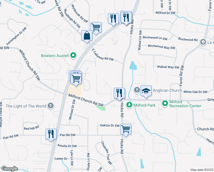 map of restaurants, bars, coffee shops, grocery stores, and more near 2940 Caller Court Southwest in Marietta