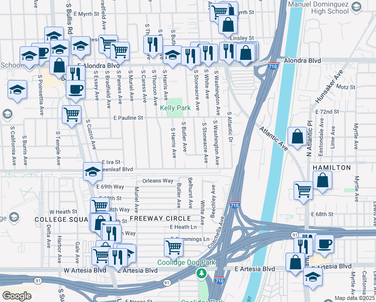 map of restaurants, bars, coffee shops, grocery stores, and more near 1512 South Butler Avenue in Compton
