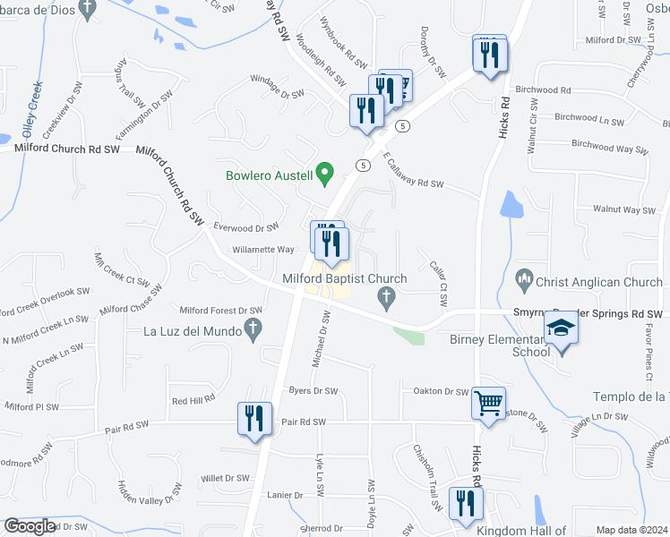 map of restaurants, bars, coffee shops, grocery stores, and more near 2909 Austell Road Southwest in Marietta