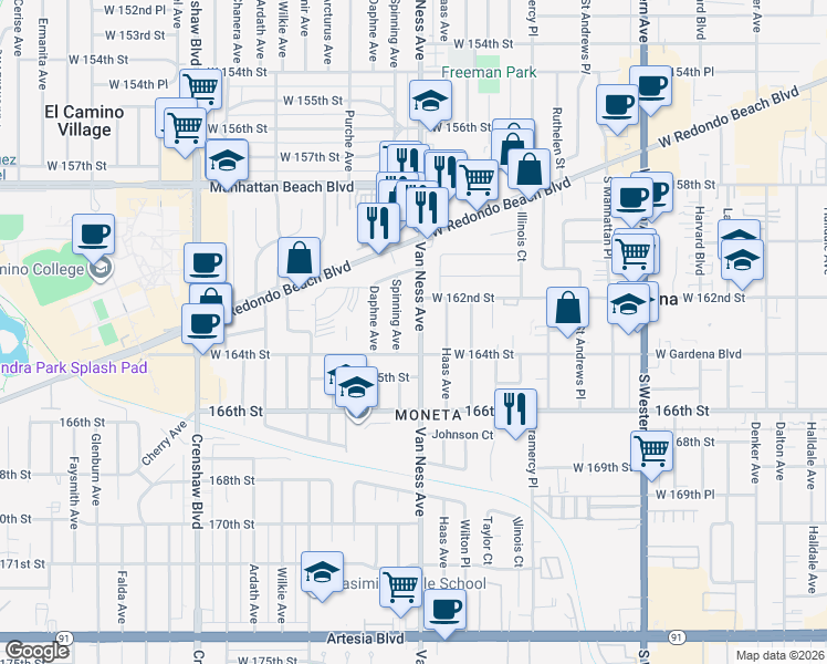 map of restaurants, bars, coffee shops, grocery stores, and more near 2221 West 164th Street in Torrance
