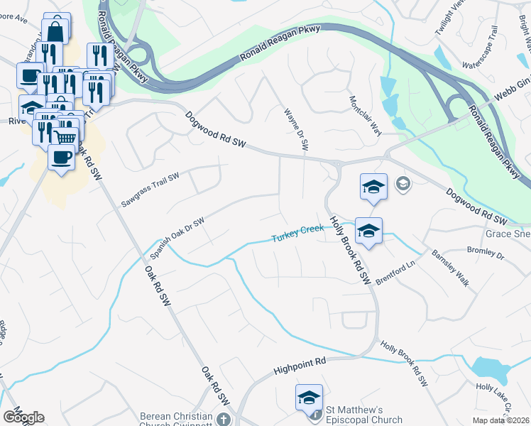 map of restaurants, bars, coffee shops, grocery stores, and more near 2785 Nathan Court Southwest in Lilburn