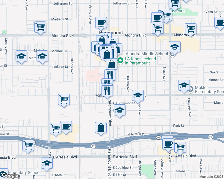 map of restaurants, bars, coffee shops, grocery stores, and more near 2820 70th Street in Long Beach