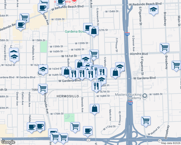map of restaurants, bars, coffee shops, grocery stores, and more near 1003 West Gardena Boulevard in Gardena