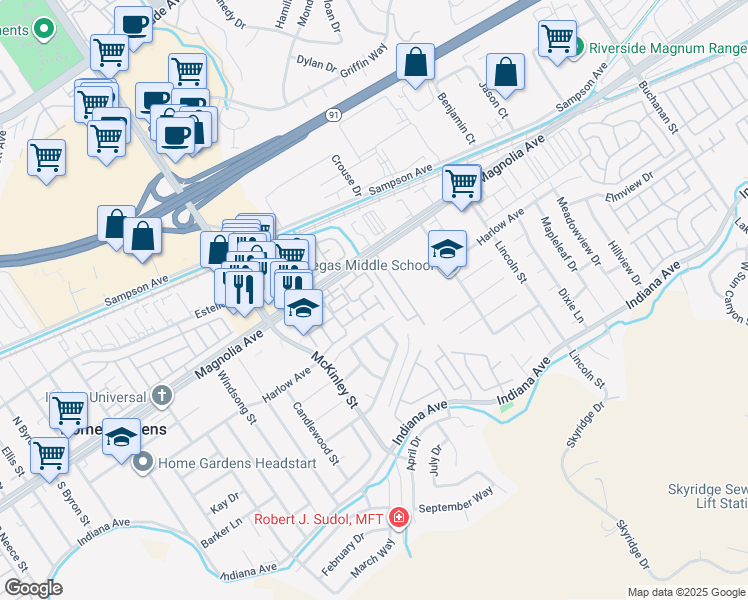 map of restaurants, bars, coffee shops, grocery stores, and more near 3732 Calle Monada in Riverside