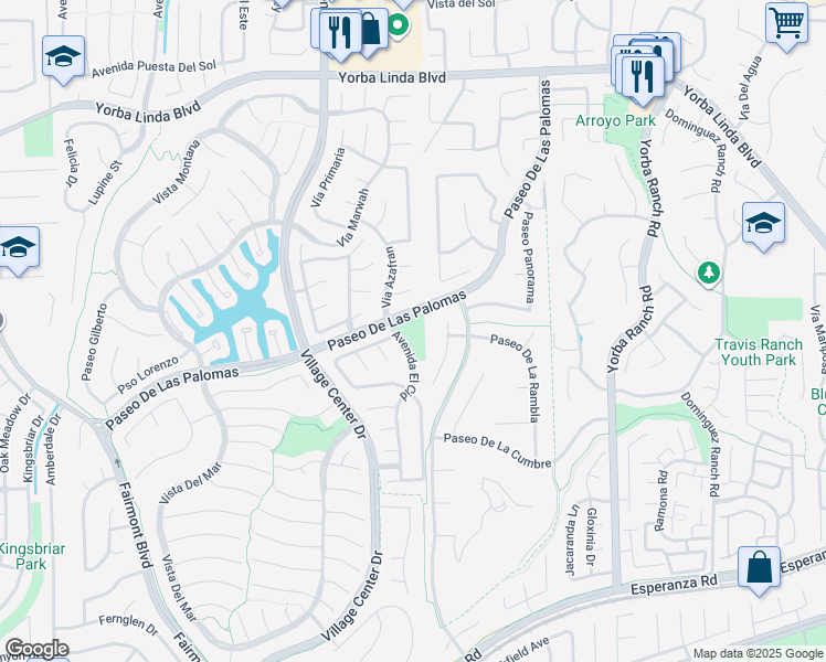 map of restaurants, bars, coffee shops, grocery stores, and more near 20550 Paseo De Las Palomas in Yorba Linda