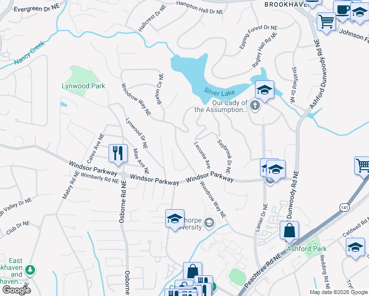 map of restaurants, bars, coffee shops, grocery stores, and more near 3181 Woodrow Way Northeast in Atlanta