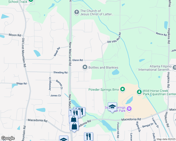 map of restaurants, bars, coffee shops, grocery stores, and more near 4093 Groveland Park Drive in Powder Springs
