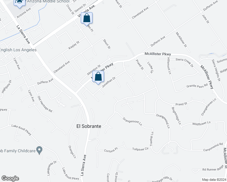 map of restaurants, bars, coffee shops, grocery stores, and more near 2161 Orange View Circle in Riverside