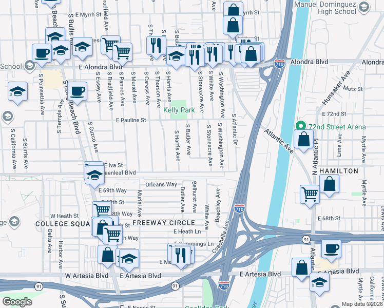 map of restaurants, bars, coffee shops, grocery stores, and more near 1512 South Butler Avenue in Compton