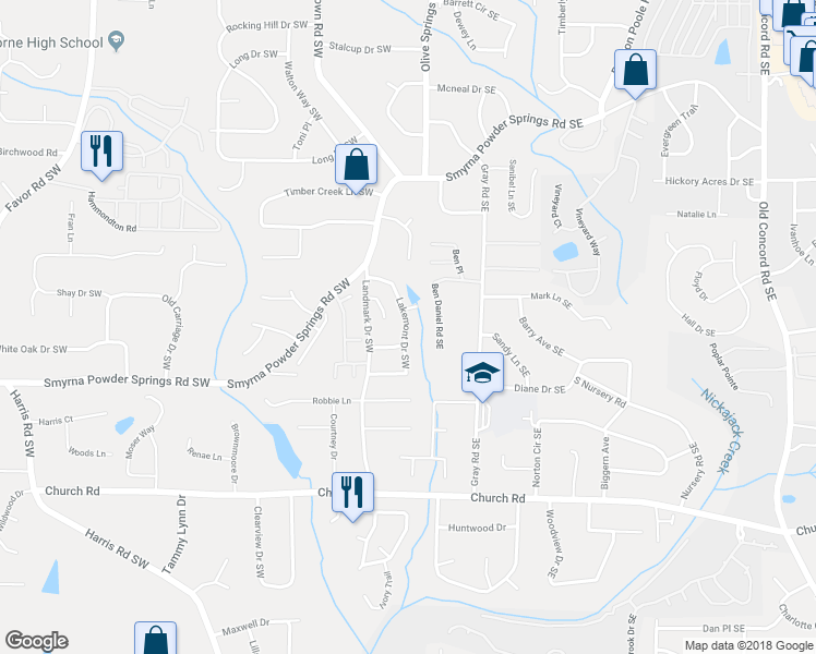 map of restaurants, bars, coffee shops, grocery stores, and more near 2907 Lakemont Drive Southwest in Marietta