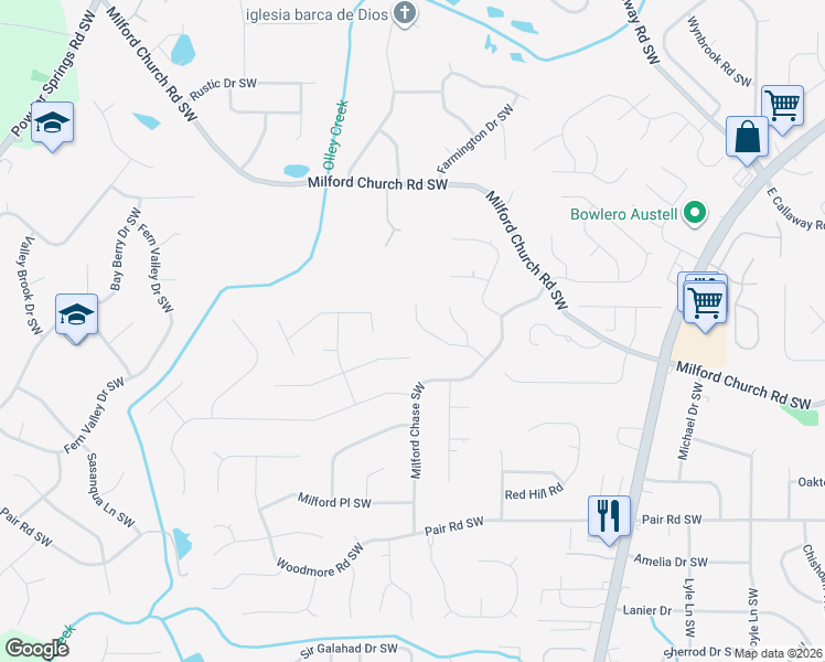 map of restaurants, bars, coffee shops, grocery stores, and more near 1504 Mill Creek Court Southwest in Marietta