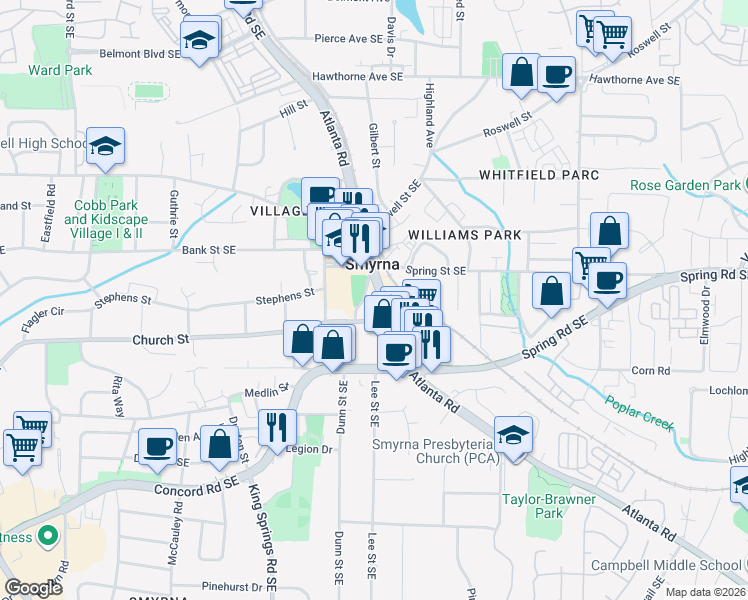 map of restaurants, bars, coffee shops, grocery stores, and more near 1325 Church Street in Smyrna