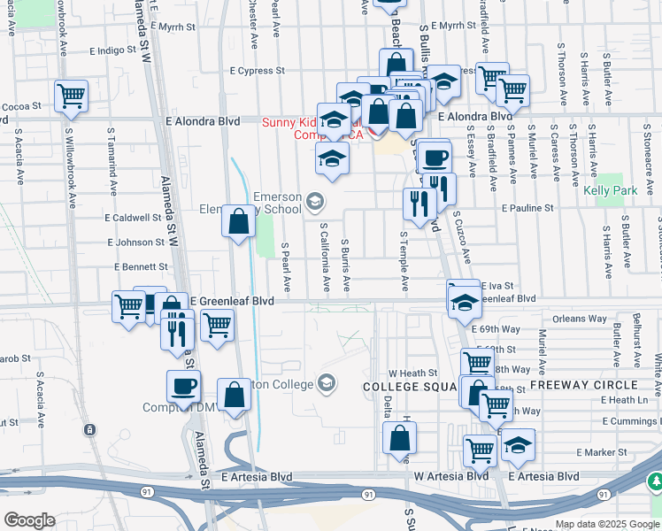 map of restaurants, bars, coffee shops, grocery stores, and more near 1504 South California Avenue in Compton