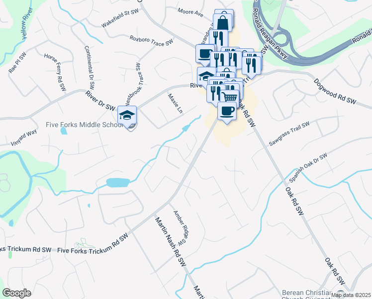 map of restaurants, bars, coffee shops, grocery stores, and more near 3187 Misty View Tr Southwest in Lilburn