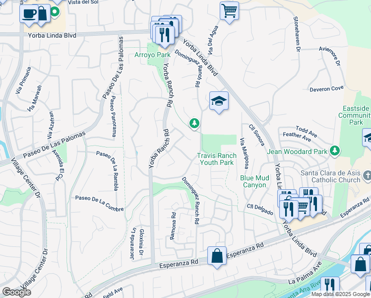 map of restaurants, bars, coffee shops, grocery stores, and more near 5500 Vía Dianza in Yorba Linda
