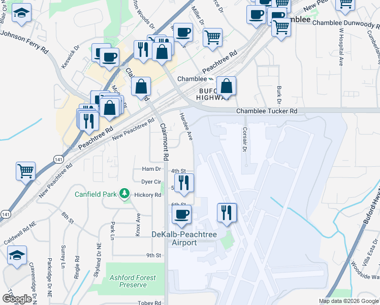 map of restaurants, bars, coffee shops, grocery stores, and more near 3368 Hardee Avenue in Chamblee