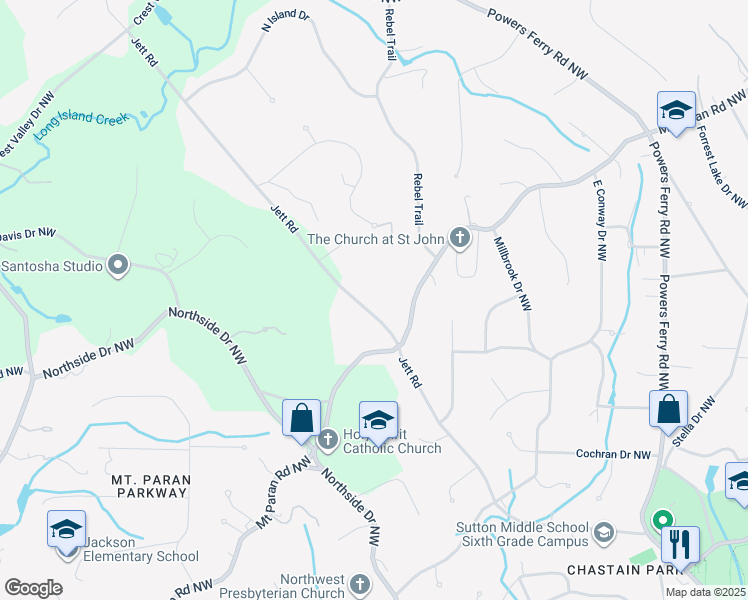 map of restaurants, bars, coffee shops, grocery stores, and more near 4655 Jett Road in Atlanta