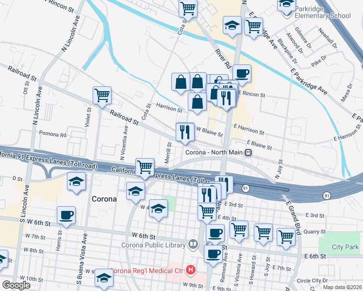 map of restaurants, bars, coffee shops, grocery stores, and more near 45 West Grand Boulevard in Corona