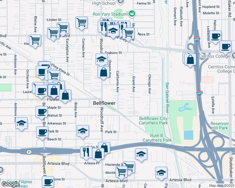 map of restaurants, bars, coffee shops, grocery stores, and more near 16654 California Avenue in Bellflower