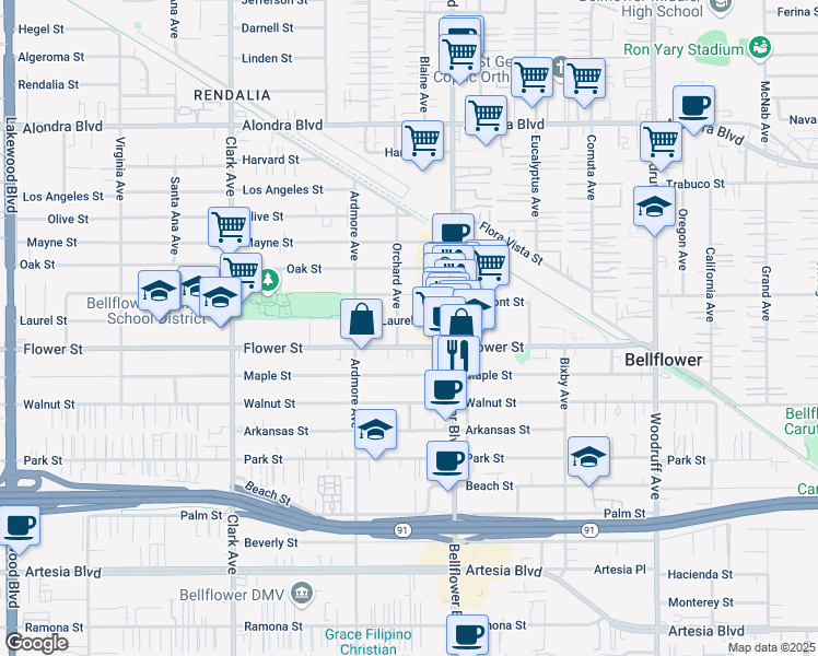 map of restaurants, bars, coffee shops, grocery stores, and more near 9700-9746 Flower Street in Bellflower