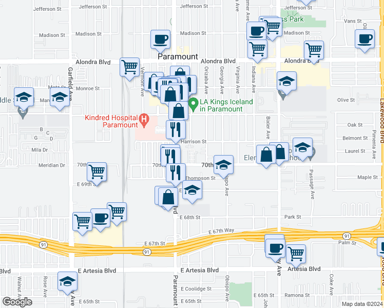 map of restaurants, bars, coffee shops, grocery stores, and more near 8063 70th Street in Paramount