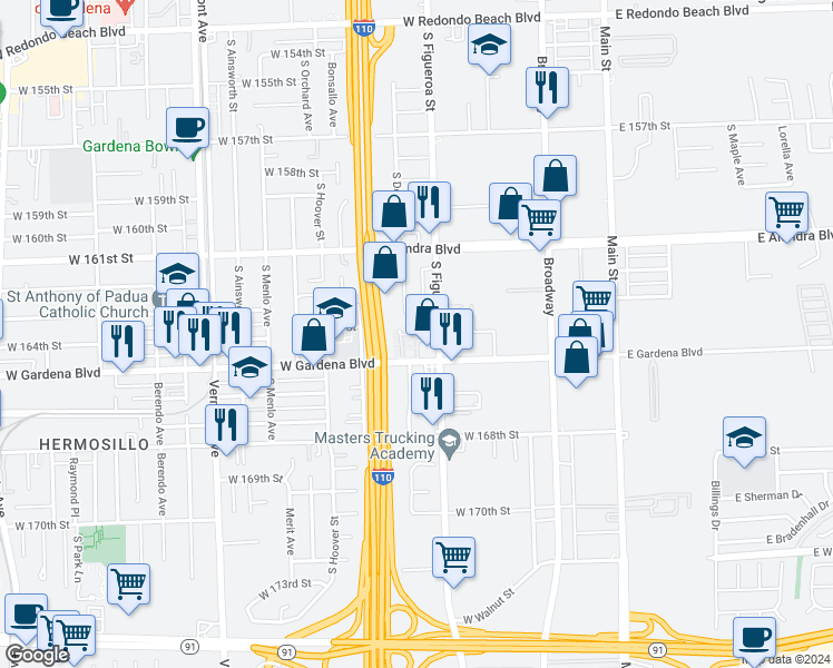 map of restaurants, bars, coffee shops, grocery stores, and more near 555 West Gardena Boulevard in Gardena