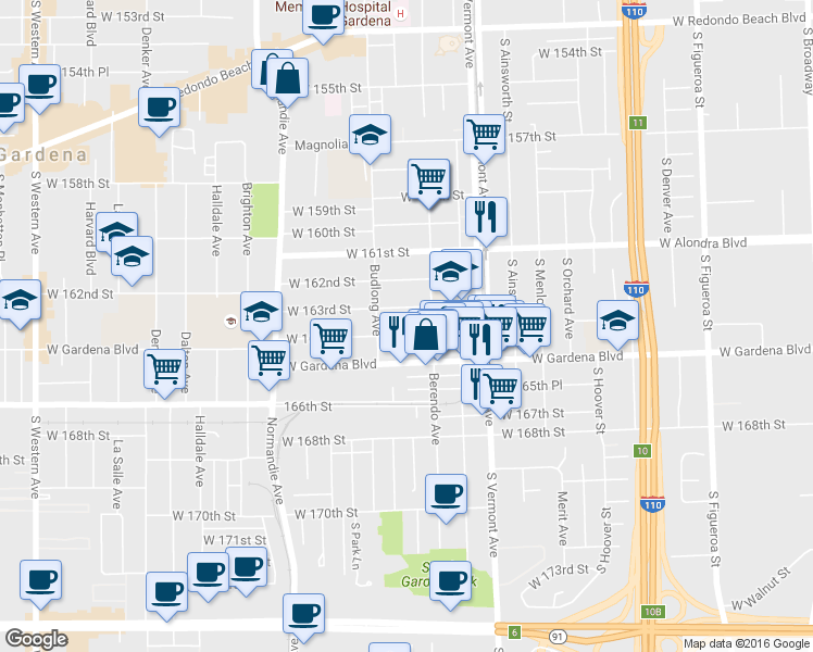 map of restaurants, bars, coffee shops, grocery stores, and more near 1130 West 164th Street in Gardena