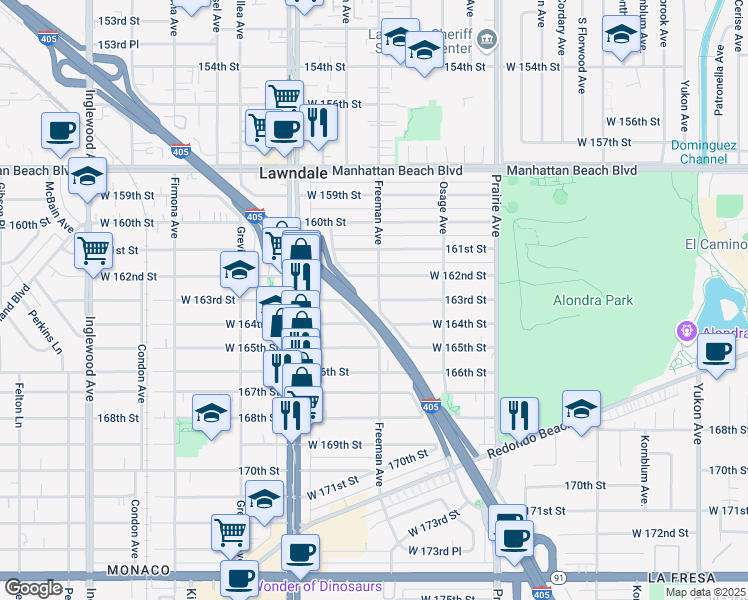 map of restaurants, bars, coffee shops, grocery stores, and more near 16318 Freeman Avenue in Lawndale