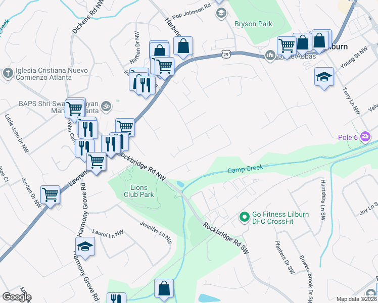 map of restaurants, bars, coffee shops, grocery stores, and more near 258 Greenwood Drive Northwest in Lilburn