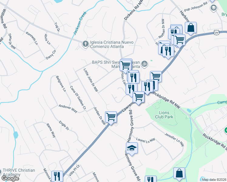 map of restaurants, bars, coffee shops, grocery stores, and more near 5795 Martin Grove Drive Northwest in Lilburn
