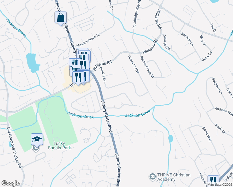 map of restaurants, bars, coffee shops, grocery stores, and more near 6143 Rolling Way Northwest in Norcross